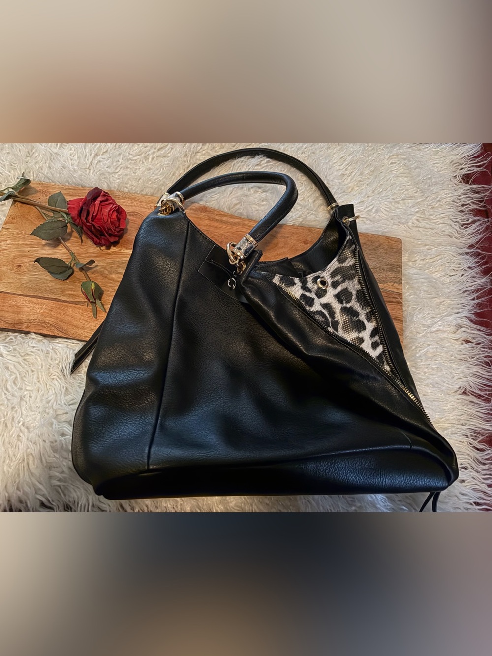 Black Tote Bag with Leopard Accent - Designer Style